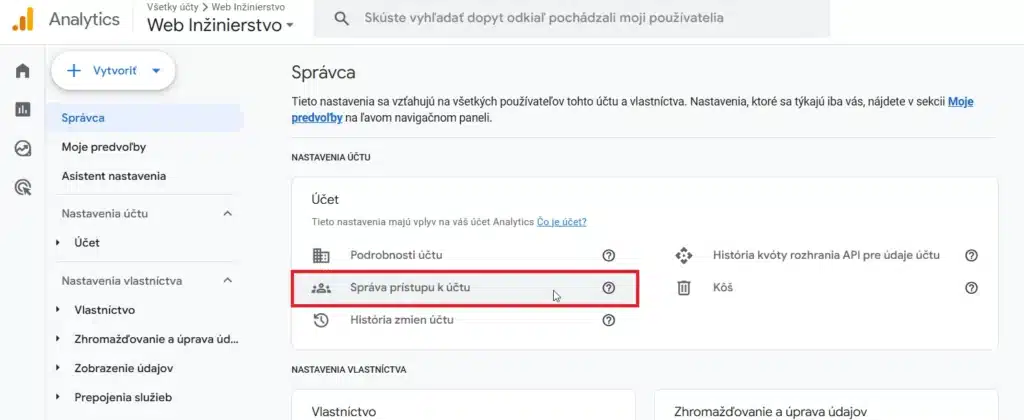 Správa prístupu k účtu google analytics